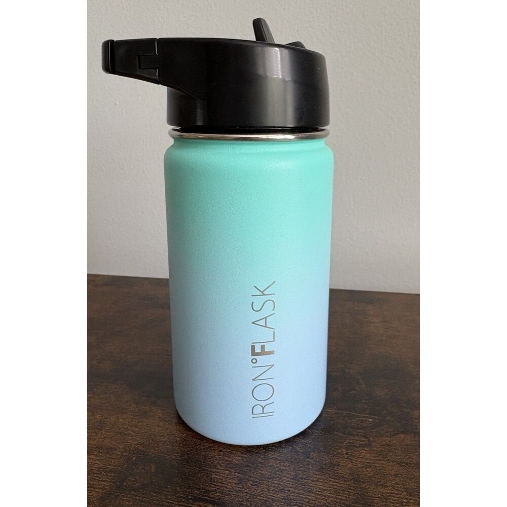 Iron Flask 14 oz Stainless Steel Flip Top Carabiner Straw Lid Gradient Blue Sky
